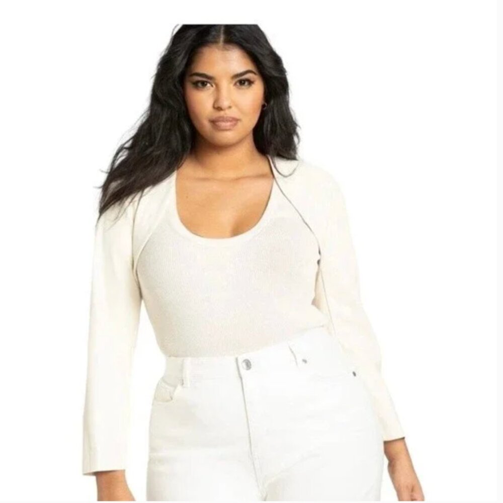 Eloquii Cream Faux Leather Sleeves - Cropped Shrug, Size 18
